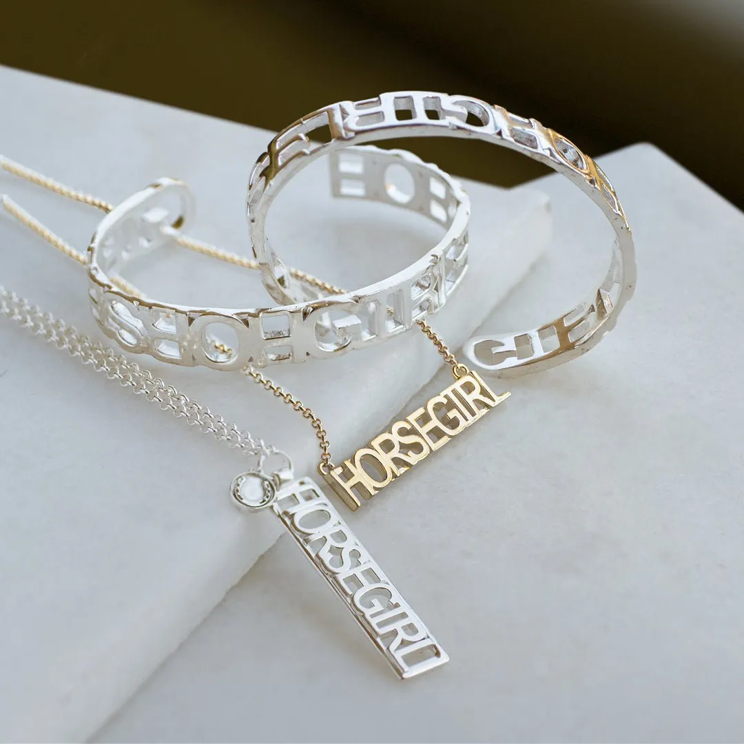 Horse Girl - Bold Cut Out Letters and Sterling Silver on Brass Cuff Bracelet