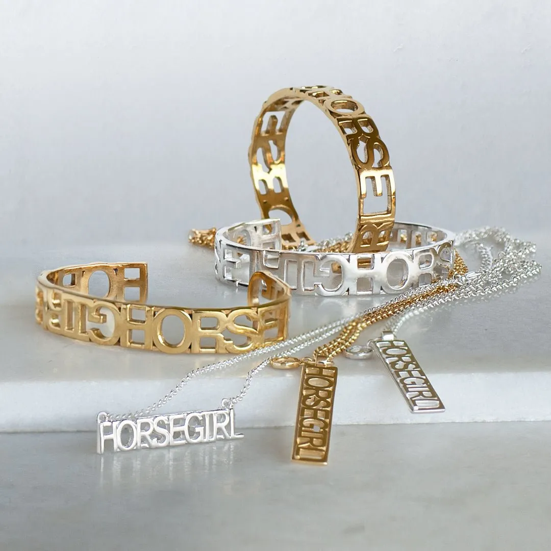 Horse Girl - Bold Cut Out Letters and Sterling Silver on Brass Cuff Bracelet