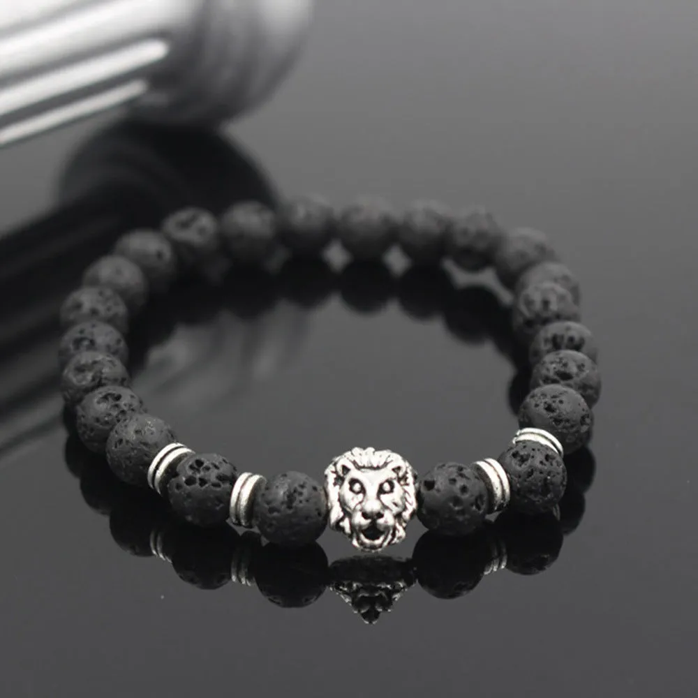 Lava Volcanic Stone Bracelet European And American Fashion Cool Alloy Lion's Head Bracelet