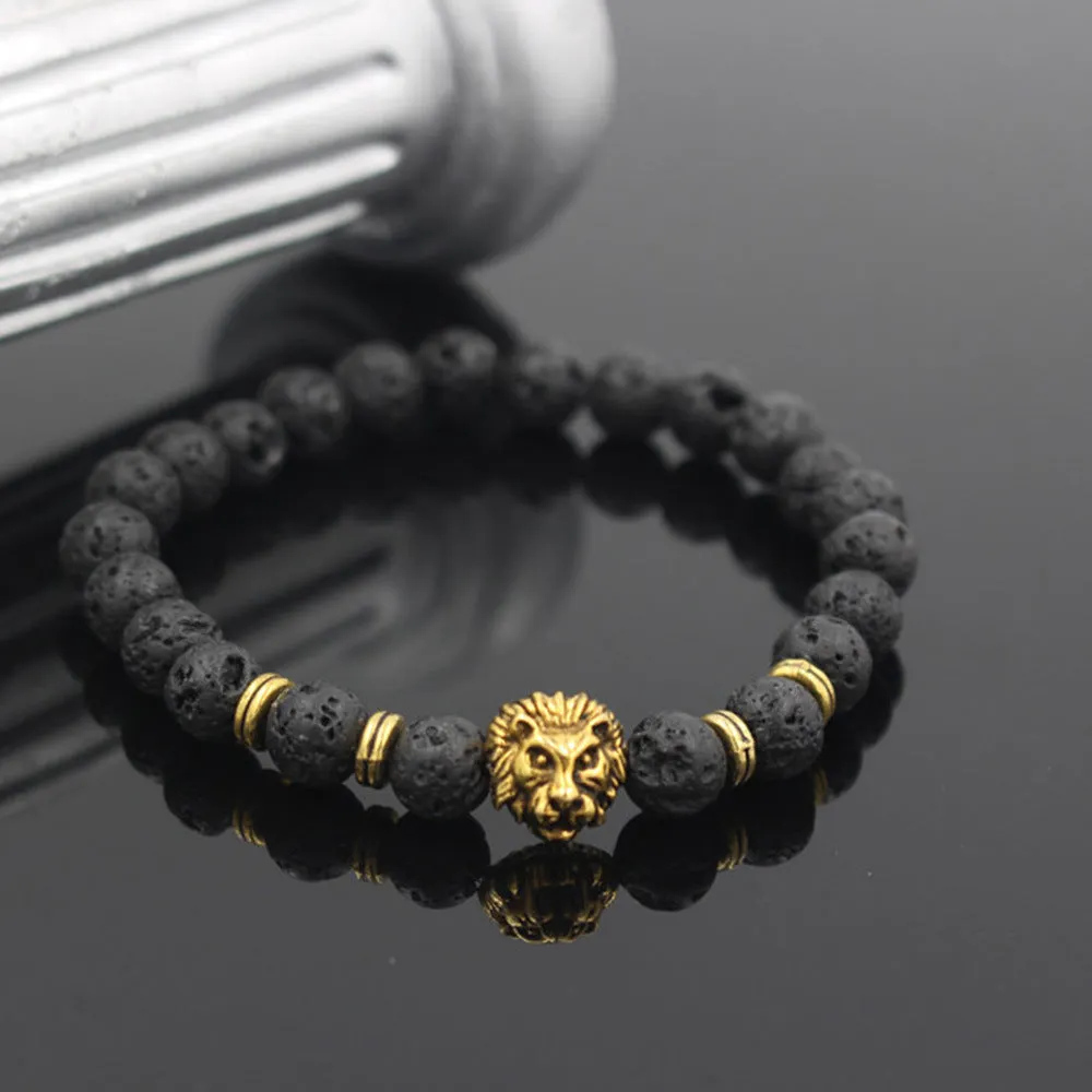 Lava Volcanic Stone Bracelet European And American Fashion Cool Alloy Lion's Head Bracelet