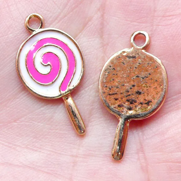 Lollipop Enamel Charms (2pcs / 14mm x 27mm / Pink & White) Necklace Bracelet Bangle Anklet Earrings Miniature Sweets Keychain Charm CHM1445