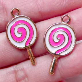 Lollipop Enamel Charms (2pcs / 14mm x 27mm / Pink & White) Necklace Bracelet Bangle Anklet Earrings Miniature Sweets Keychain Charm CHM1445