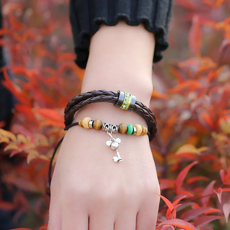 Lovely Cartoon Design Mickey Key Pendant Bracelet Charm Handmade Leather Woven Bracelet Green Rhinestone Bracelet For Girls Gift