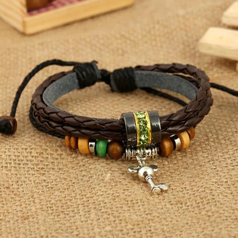 Lovely Cartoon Design Mickey Key Pendant Bracelet Charm Handmade Leather Woven Bracelet Green Rhinestone Bracelet For Girls Gift