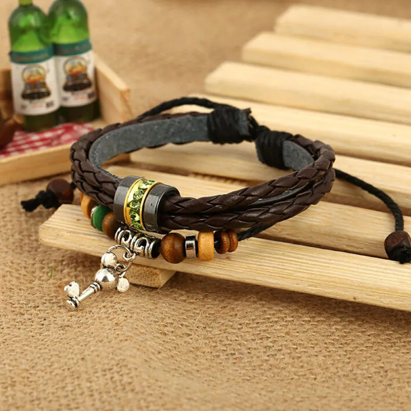Lovely Cartoon Design Mickey Key Pendant Bracelet Charm Handmade Leather Woven Bracelet Green Rhinestone Bracelet For Girls Gift