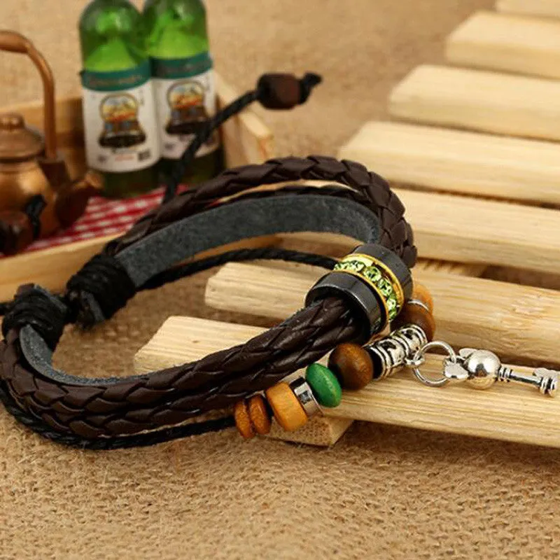 Lovely Cartoon Design Mickey Key Pendant Bracelet Charm Handmade Leather Woven Bracelet Green Rhinestone Bracelet For Girls Gift