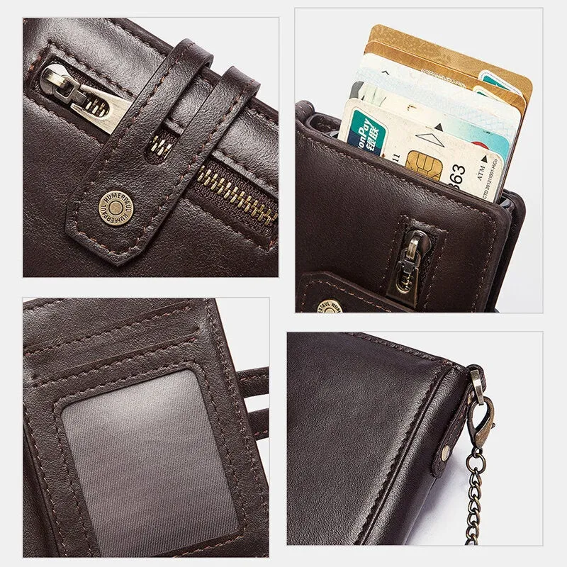 Men Genuine Leather Short Bifold RFID Blocking Antimagnetic Wallet Solid Color Wear Resistant 9 Card Slot Card Holder Hasp Coin Purse