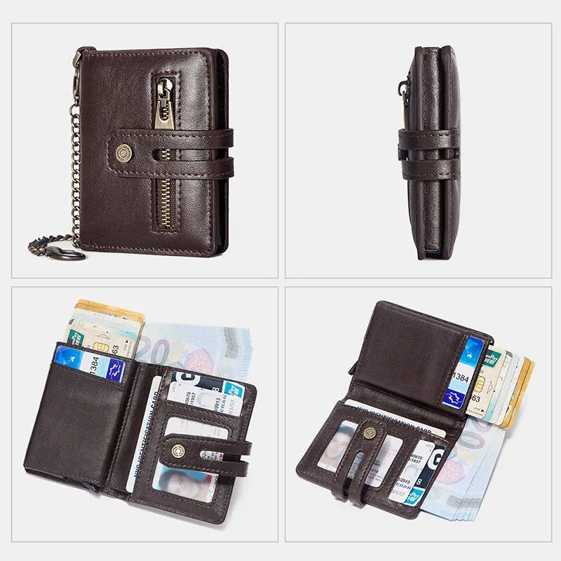 Men Genuine Leather Short Bifold RFID Blocking Antimagnetic Wallet Solid Color Wear Resistant 9 Card Slot Card Holder Hasp Coin Purse