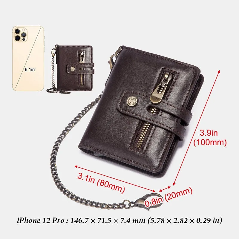 Men Genuine Leather Short Bifold RFID Blocking Antimagnetic Wallet Solid Color Wear Resistant 9 Card Slot Card Holder Hasp Coin Purse