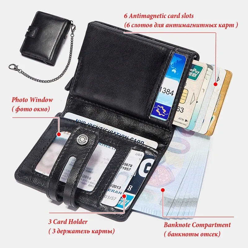 Men Genuine Leather Short Bifold RFID Blocking Antimagnetic Wallet Solid Color Wear Resistant 9 Card Slot Card Holder Hasp Coin Purse