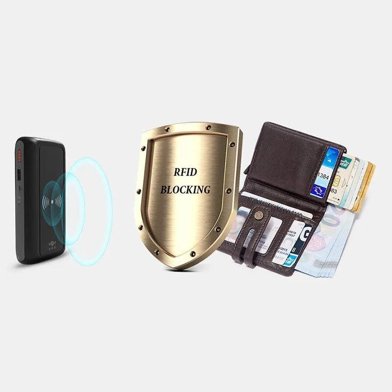 Men Genuine Leather Short Bifold RFID Blocking Antimagnetic Wallet Solid Color Wear Resistant 9 Card Slot Card Holder Hasp Coin Purse