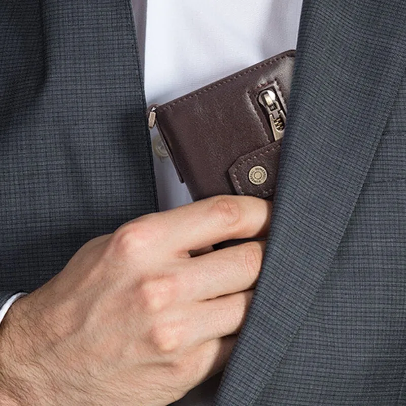 Men Genuine Leather Short Bifold RFID Blocking Antimagnetic Wallet Solid Color Wear Resistant 9 Card Slot Card Holder Hasp Coin Purse