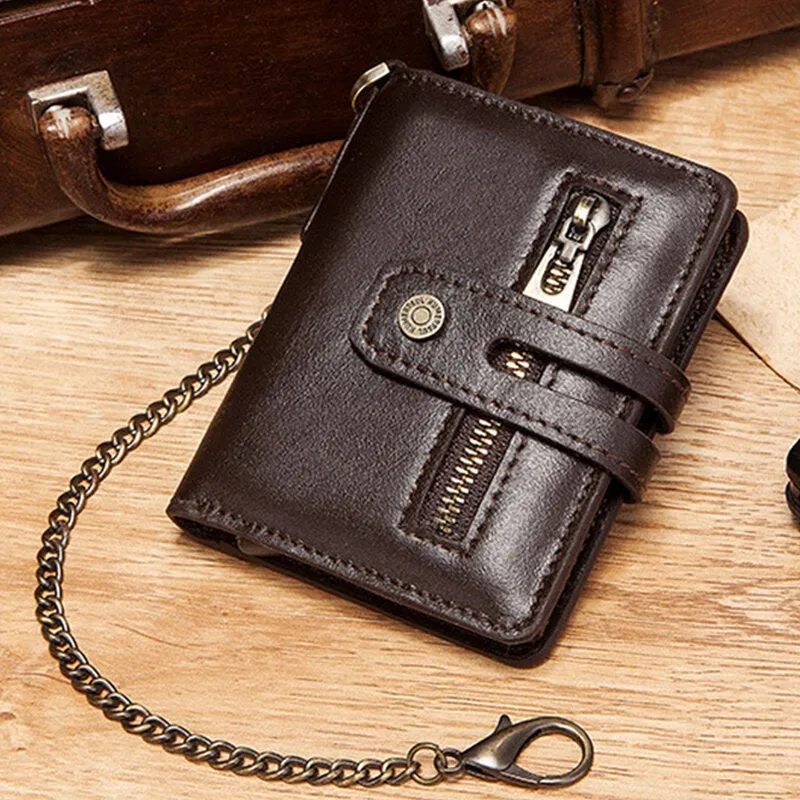 Men Genuine Leather Short Bifold RFID Blocking Antimagnetic Wallet Solid Color Wear Resistant 9 Card Slot Card Holder Hasp Coin Purse
