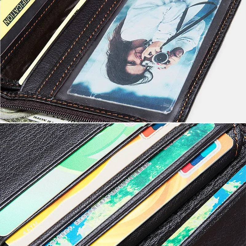 Men Short Large Capacity Bifold Cowhide Wallets RFID Anti-magnetic Multi-card Slot Card Holder Coin Purse