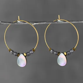 Mother of Pearl Hoops w/ Iolite Cube Earrings
