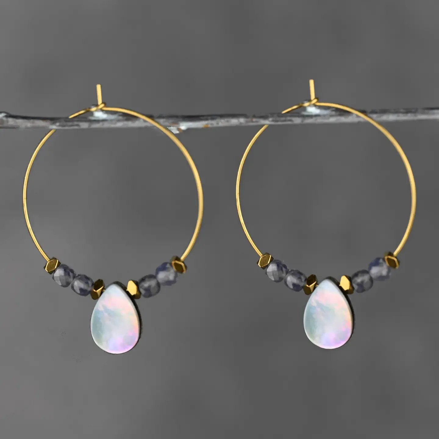 Mother of Pearl Hoops w/ Iolite Cube Earrings
