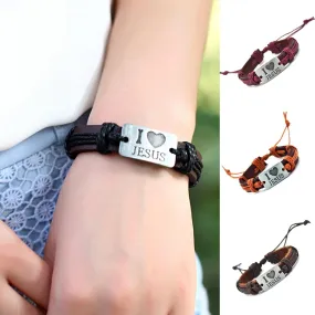New Fashion Vintage Genuine Leather Bracelets & Bangles I Love Jesus Rope Bracelet for Women Men Jewelry
