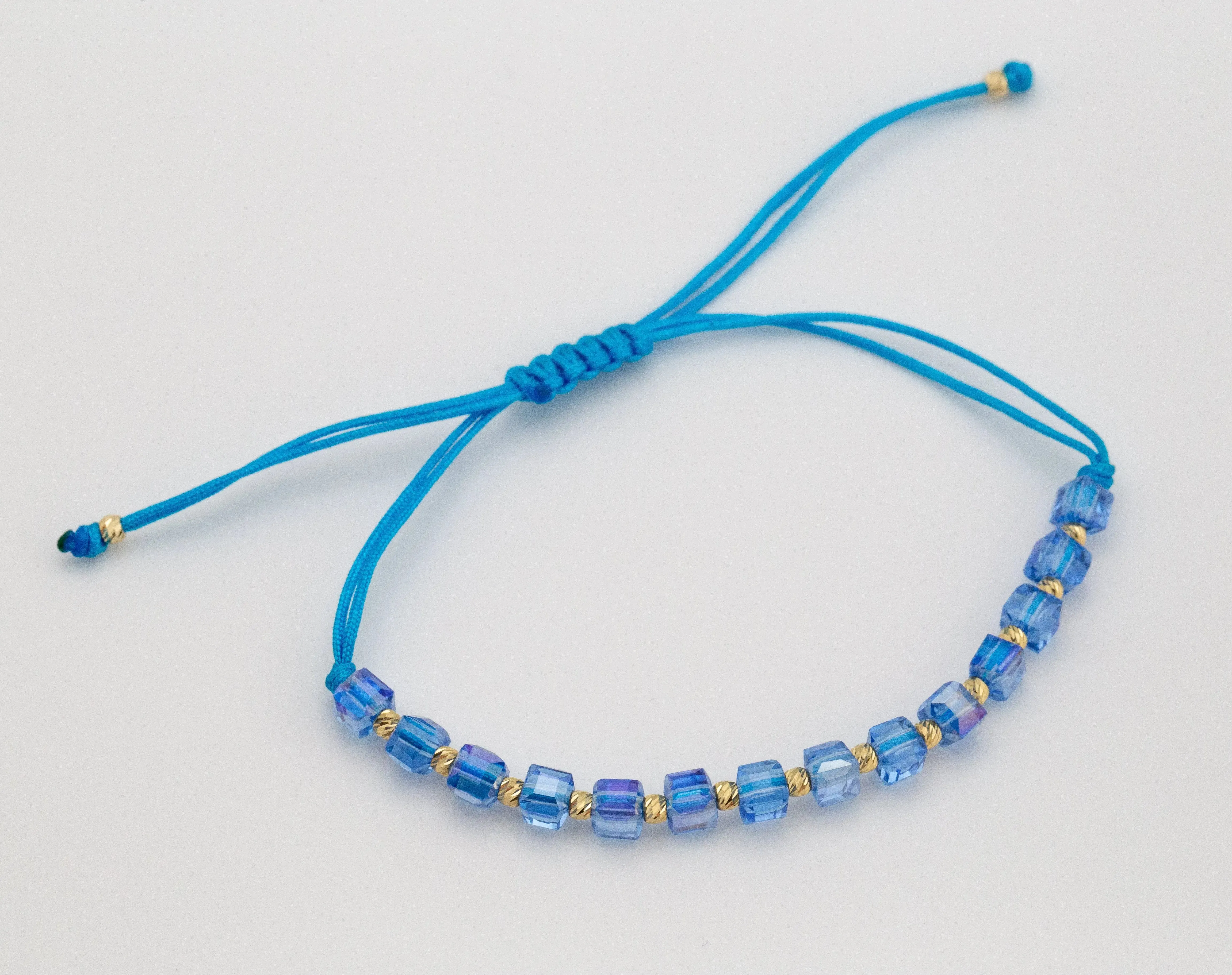 Ocean Blue String Bracelet with 14K Solid Yellow Gold Beads