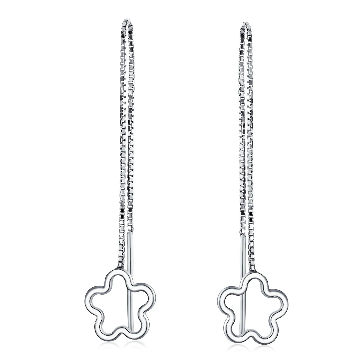 Open Flower Long Chain Threader Earrings .925 Sterling Silver U Stabilizer Hook