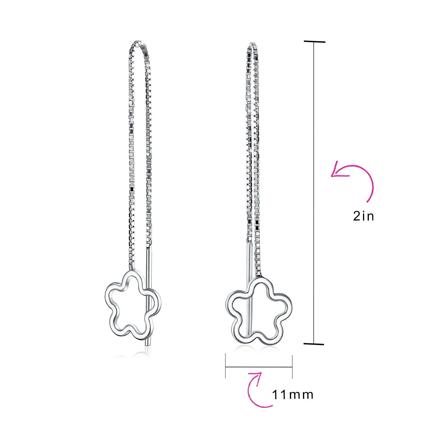 Open Flower Long Chain Threader Earrings .925 Sterling Silver U Stabilizer Hook
