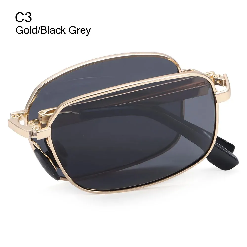Portable Folding Polarized Sunglasses for Men, Square Metal Frame Photochromic Sunglasses Driving Glasses Night Vision Eyewear