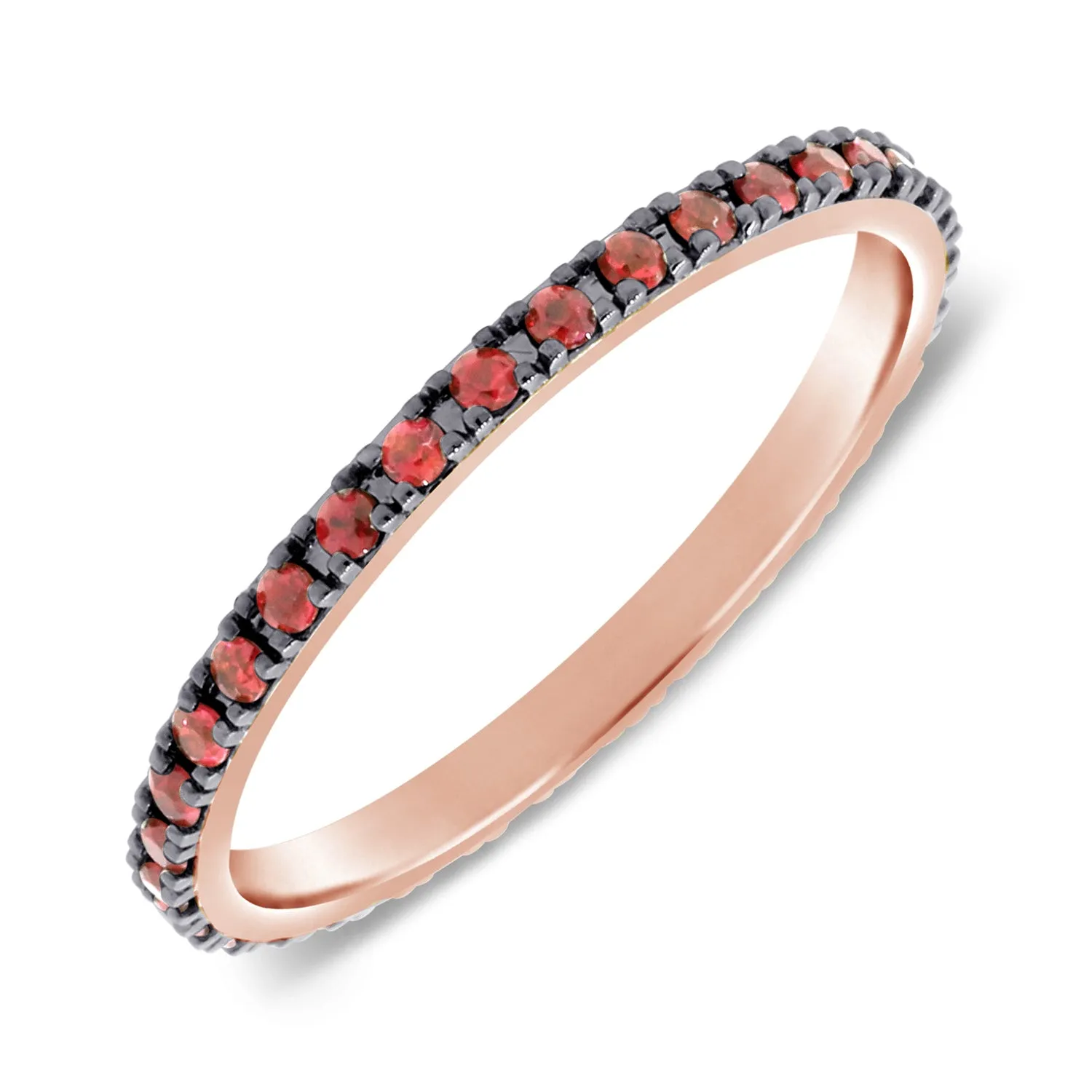 Ruby Eternity Band set with Round Red Rubies in a Blackened Gold Setting