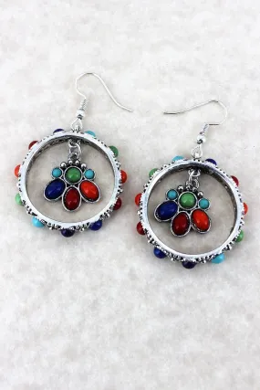 SALE! Multi-Color Beaded Silvertone Blossom Charm Hoop Earrings