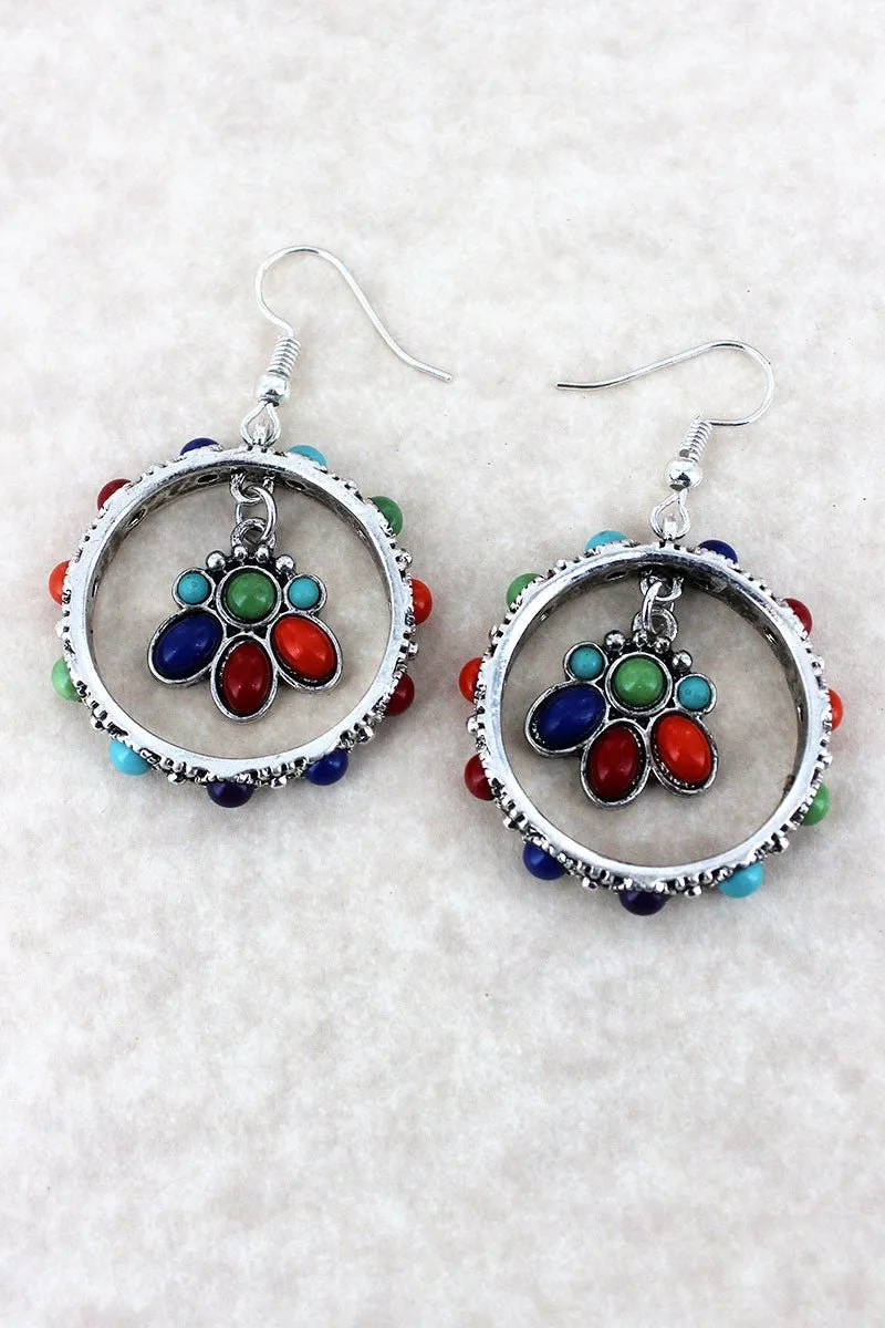 SALE! Multi-Color Beaded Silvertone Blossom Charm Hoop Earrings