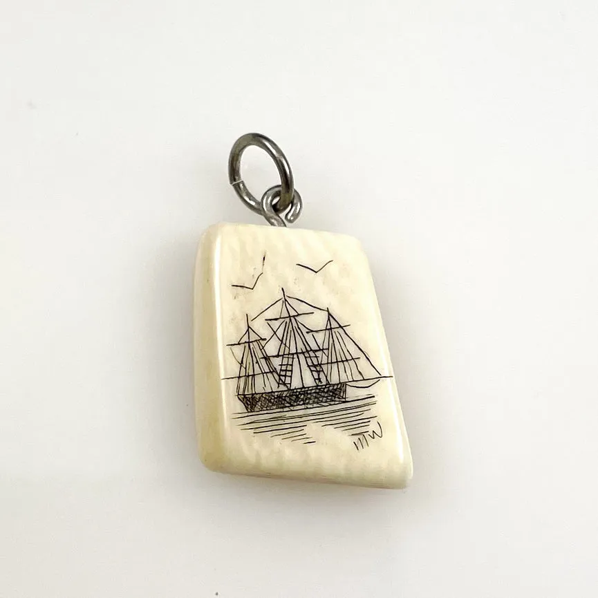 Scrimshaw Ivory Ship Charm - Signed Vintage