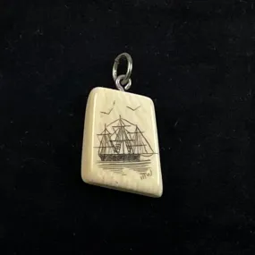 Scrimshaw Ivory Ship Charm - Signed Vintage