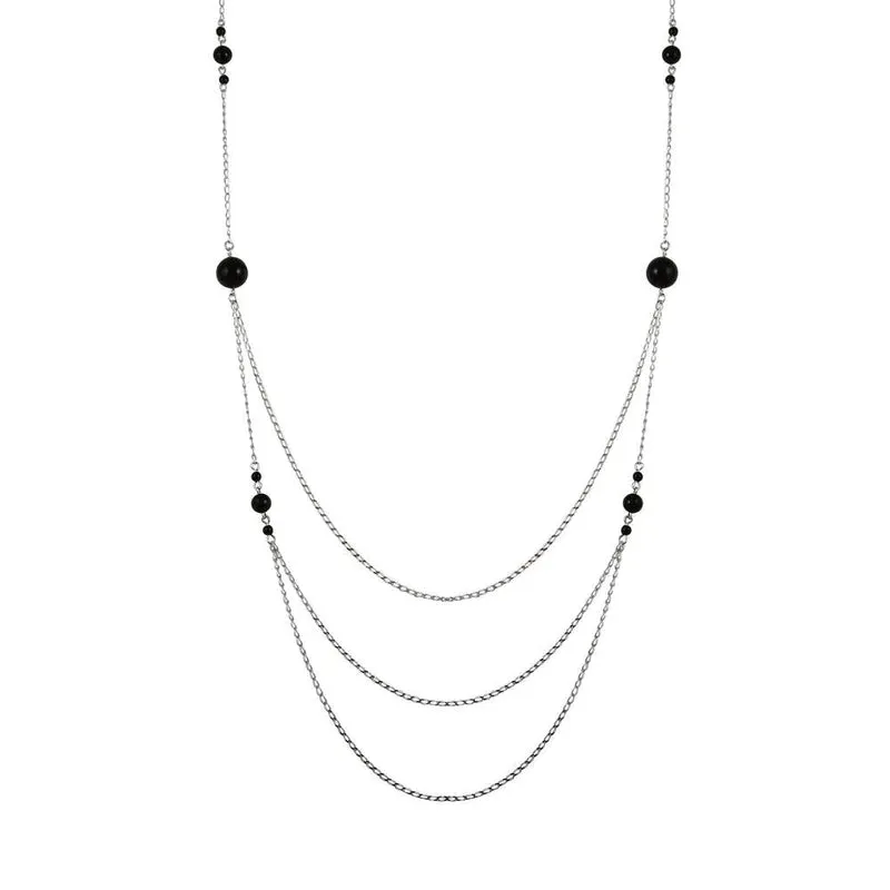 Silver 925 Rhodium Plated Silver Multi-Layered Chain Necklace with Beads