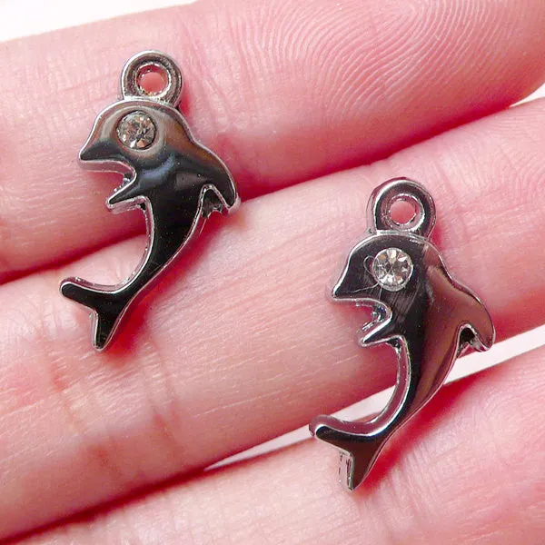 Silver Dolphin Charms with Clear Rhinestones (2pcs / 10mm x 19mm / Silver) Bracelet Necklace Bangle Anklet Keychain Favor Charm CHM1434