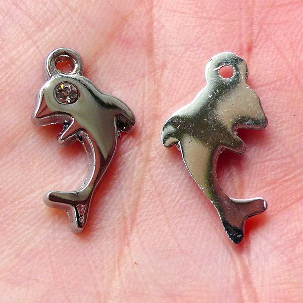 Silver Dolphin Charms with Clear Rhinestones (2pcs / 10mm x 19mm / Silver) Bracelet Necklace Bangle Anklet Keychain Favor Charm CHM1434
