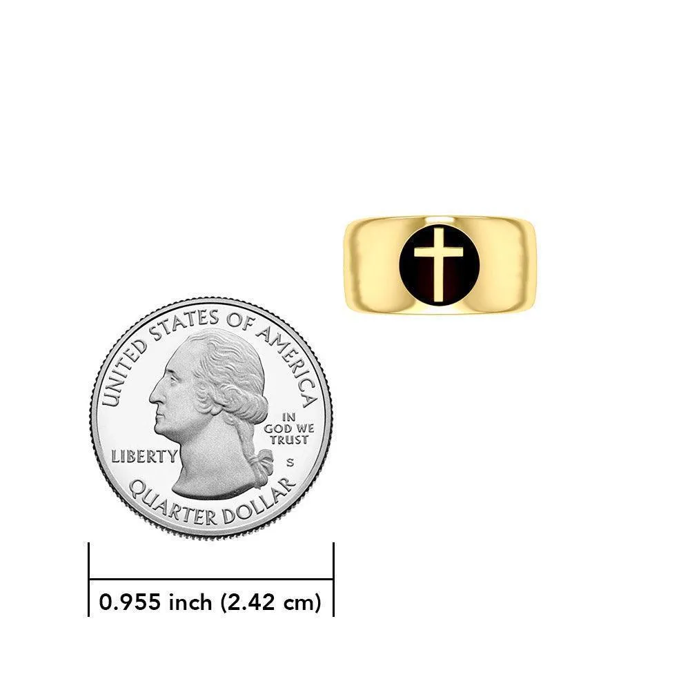 Spiritual Elegance Sterling Silver With 14K Vermeil Plate Faith Cross Men Band Ring with Black Accent by Peter Stone Jewelry VRI2475