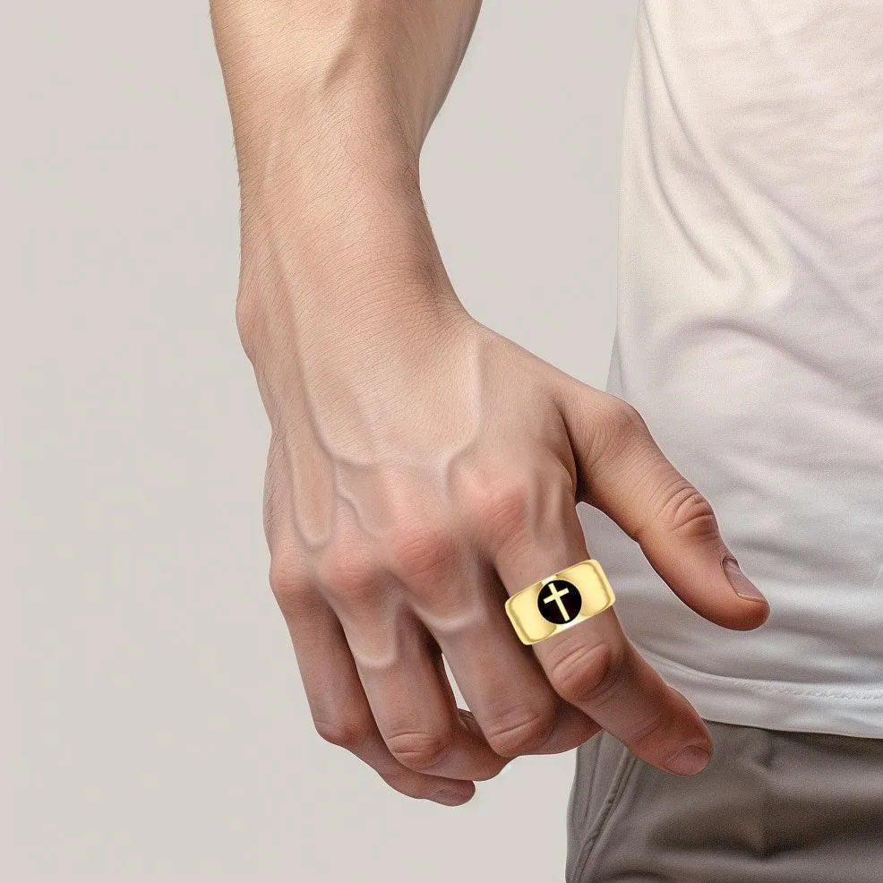 Spiritual Elegance Sterling Silver With 14K Vermeil Plate Faith Cross Men Band Ring with Black Accent by Peter Stone Jewelry VRI2475