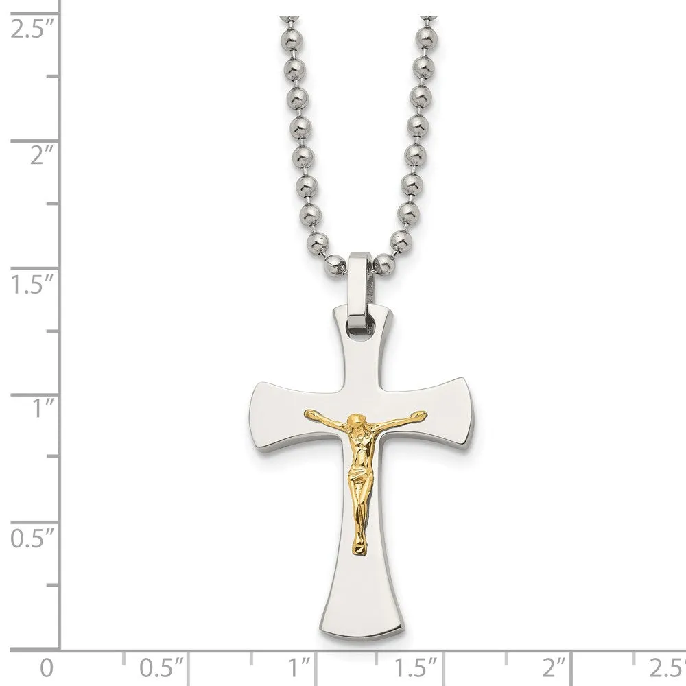 Stainless Steel 14k Gold Accent Crucifix Pendant