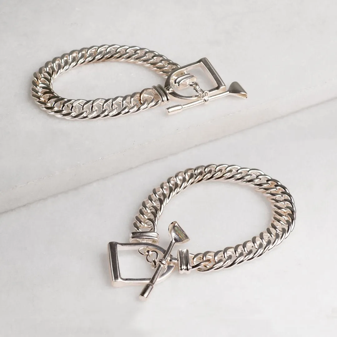 T Bar Curb Chain Stirrup Buckle Clasp Sterling Silver Plated Brass Bracelet