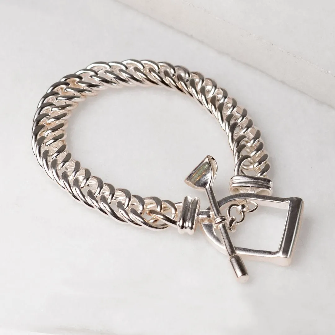 T Bar Curb Chain Stirrup Buckle Clasp Sterling Silver Plated Brass Bracelet