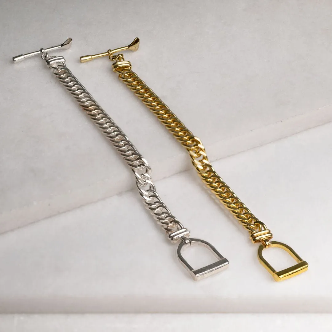 T Bar Curb Chain Stirrup Buckle Clasp Sterling Silver Plated Brass Bracelet