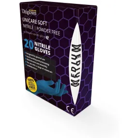 Unigloves Unicare GV0012 Blue Nitrile Examination Gloves, Small, Set of 20